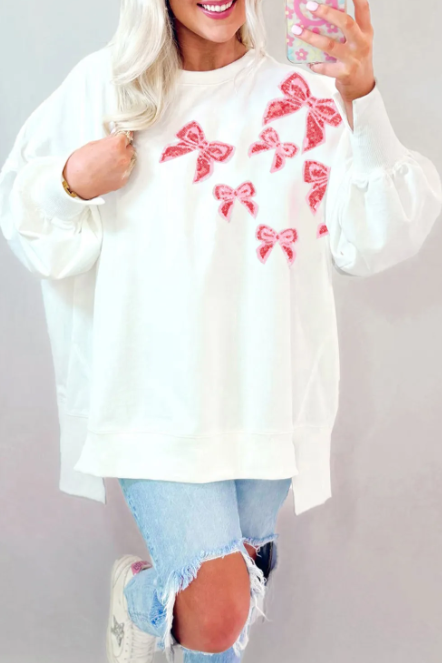 Sequin Bowknot High Low Oversize Sweatshirt-Sweaters-Krush Kandy, Women's Online Fashion Boutique Located in Phoenix, Arizona (Scottsdale Area)