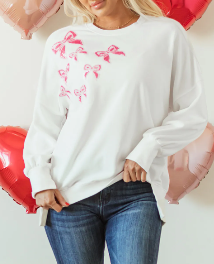 Sequin Bowknot High Low Oversize Sweatshirt-Sweaters-Krush Kandy, Women's Online Fashion Boutique Located in Phoenix, Arizona (Scottsdale Area)