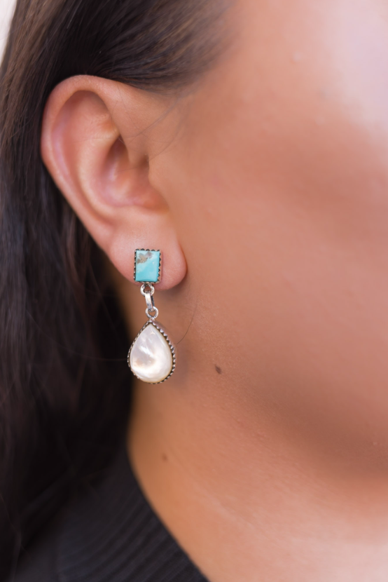 Turquoise & White Shell Drop Earrings-Hoop Earrings-Krush Kandy, Women's Online Fashion Boutique Located in Phoenix, Arizona (Scottsdale Area)