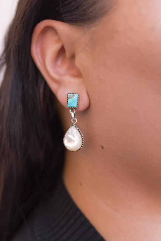Turquoise & White Shell Drop Earrings-Hoop Earrings-Krush Kandy, Women's Online Fashion Boutique Located in Phoenix, Arizona (Scottsdale Area)