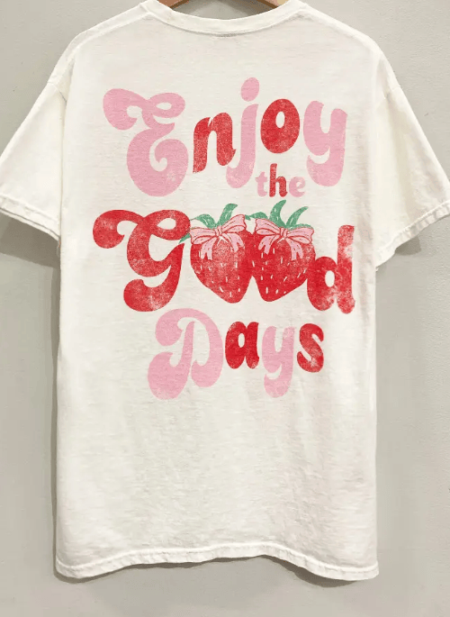 "Enjoy the Good Days" Strawberry Graphic Tee-Graphic Tees-Krush Kandy, Women's Online Fashion Boutique Located in Phoenix, Arizona (Scottsdale Area)