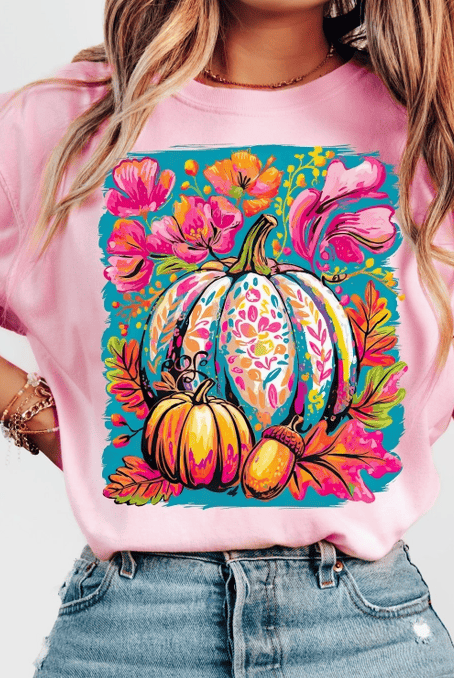 Pastel Patchwork Pumpkin Tee-Graphic Tees-Krush Kandy, Women's Online Fashion Boutique Located in Phoenix, Arizona (Scottsdale Area)