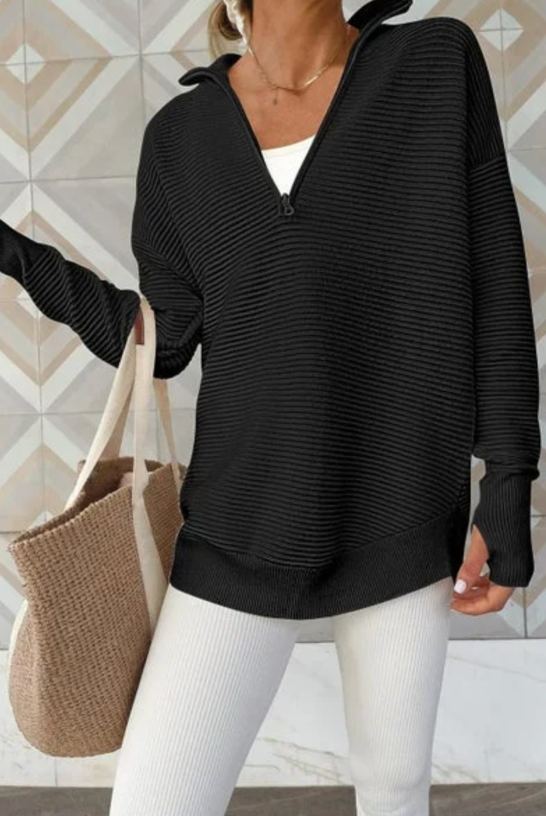 Half Zip Luxe Long Sleeve Knit Top with Thumbholes-Sweaters-Krush Kandy, Women's Online Fashion Boutique Located in Phoenix, Arizona (Scottsdale Area)