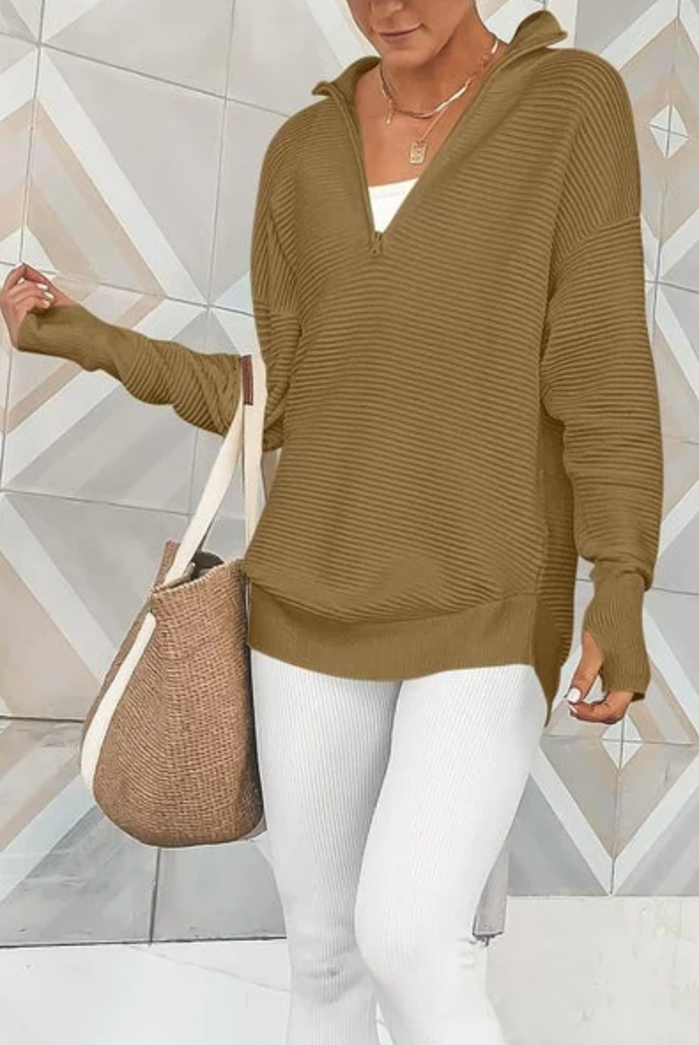 Half Zip Luxe Long Sleeve Knit Top with Thumbholes-Sweaters-Krush Kandy, Women's Online Fashion Boutique Located in Phoenix, Arizona (Scottsdale Area)