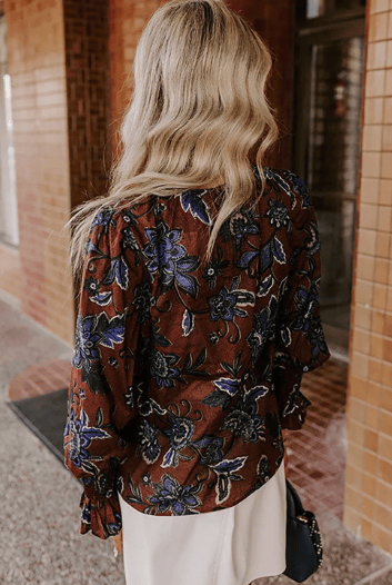 Autumn Floral Print Smocked Cuffs Shift Blouse-top-Krush Kandy, Women's Online Fashion Boutique Located in Phoenix, Arizona (Scottsdale Area)
