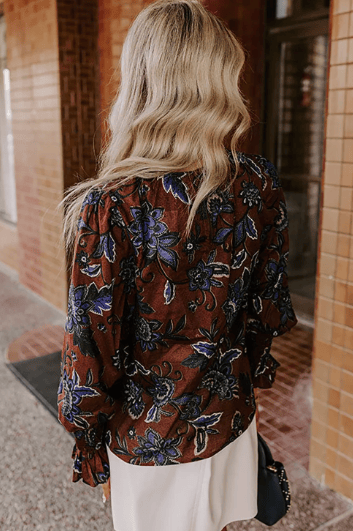 Autumn Floral Print Smocked Cuffs Shift Blouse-top-Krush Kandy, Women's Online Fashion Boutique Located in Phoenix, Arizona (Scottsdale Area)