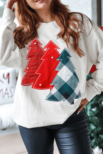 Pearl Plaid Christmas Tree Patched Drop Shoulder Sweatshirt-Sweatshirt-Krush Kandy, Women's Online Fashion Boutique Located in Phoenix, Arizona (Scottsdale Area)