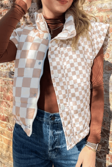 Checkered Quilted Button Zip Up Vest-Vests-Krush Kandy, Women's Online Fashion Boutique Located in Phoenix, Arizona (Scottsdale Area)