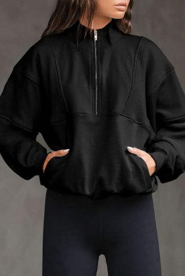 Half Zip Stand Collar Exposed Seam Solid Color Casual Sweatshirt-Sweatshirt-Krush Kandy, Women's Online Fashion Boutique Located in Phoenix, Arizona (Scottsdale Area)