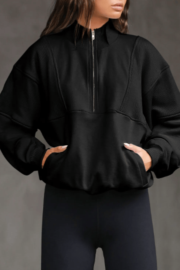 Half Zip Stand Collar Exposed Seam Solid Color Casual Sweatshirt-Sweatshirt-Krush Kandy, Women's Online Fashion Boutique Located in Phoenix, Arizona (Scottsdale Area)