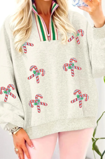 Sequin Candy Canes Contrast Collar Patchwork Loose Sweatshirt-Sweatshirt-Krush Kandy, Women's Online Fashion Boutique Located in Phoenix, Arizona (Scottsdale Area)