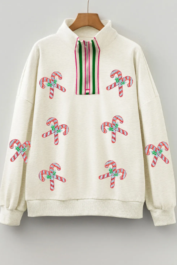 Sequin Candy Canes Contrast Collar Patchwork Loose Sweatshirt-Sweatshirt-Krush Kandy, Women's Online Fashion Boutique Located in Phoenix, Arizona (Scottsdale Area)