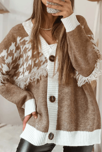 Houndstooth Color Block V Neck Raw Edge Button Front Cardigan-Cardigan-Krush Kandy, Women's Online Fashion Boutique Located in Phoenix, Arizona (Scottsdale Area)