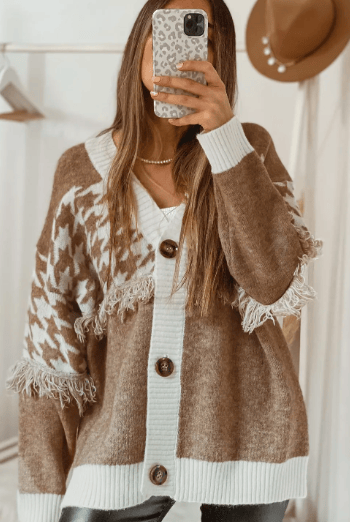 Houndstooth Color Block V Neck Raw Edge Button Front Cardigan-Cardigan-Krush Kandy, Women's Online Fashion Boutique Located in Phoenix, Arizona (Scottsdale Area)