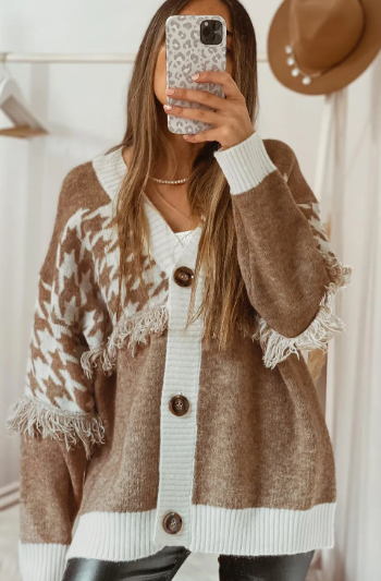 Houndstooth Color Block V Neck Raw Edge Button Front Cardigan-Cardigan-Krush Kandy, Women's Online Fashion Boutique Located in Phoenix, Arizona (Scottsdale Area)