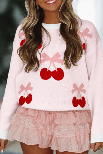 Cherry Pattern Drop Shoulder Sweater-Sweater-Krush Kandy, Women's Online Fashion Boutique Located in Phoenix, Arizona (Scottsdale Area)