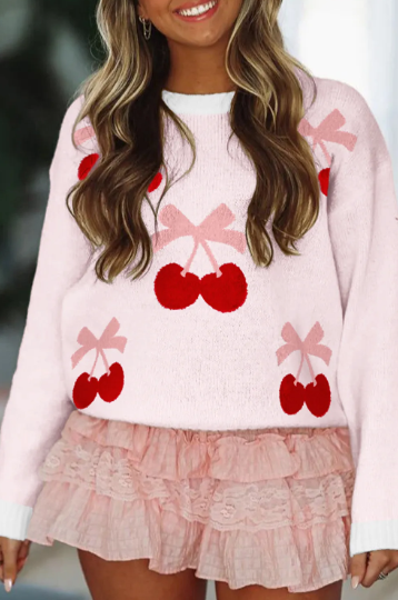 Cherry Pattern Drop Shoulder Sweater-Sweater-Krush Kandy, Women's Online Fashion Boutique Located in Phoenix, Arizona (Scottsdale Area)
