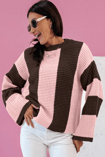 Striped Color Block Thermal Textured Knit Drop Shoulder Sweater-Sweater-Krush Kandy, Women's Online Fashion Boutique Located in Phoenix, Arizona (Scottsdale Area)