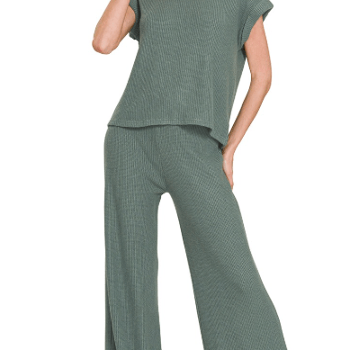Sweater Rolled Sleeve Top & Long Pants Set