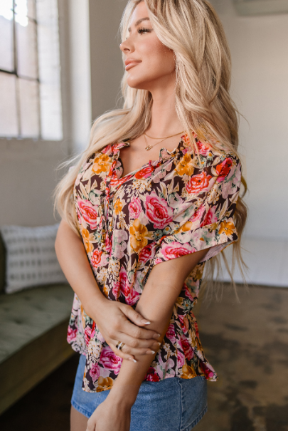Pink Floral Print Crew Neck Short Sleeve Shift Blouse-Tops-Krush Kandy, Women's Online Fashion Boutique Located in Phoenix, Arizona (Scottsdale Area)