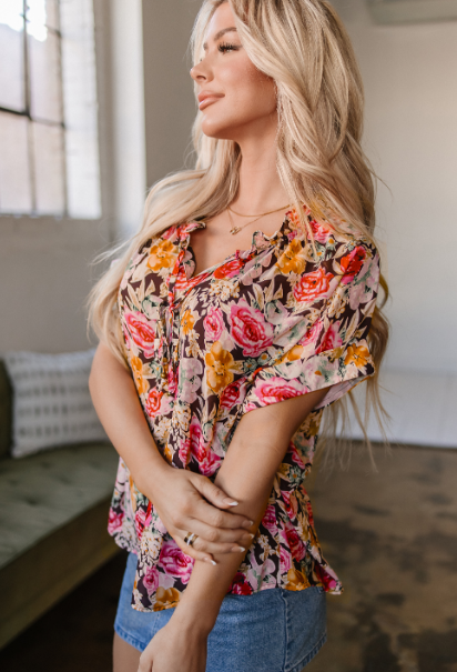 Pink Floral Print Crew Neck Short Sleeve Shift Blouse-Tops-Krush Kandy, Women's Online Fashion Boutique Located in Phoenix, Arizona (Scottsdale Area)