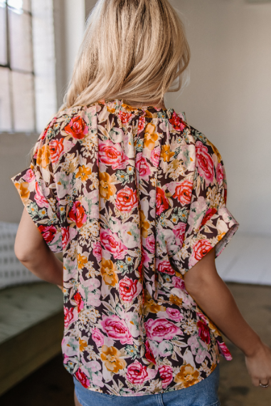 Pink Floral Print Crew Neck Short Sleeve Shift Blouse-Tops-Krush Kandy, Women's Online Fashion Boutique Located in Phoenix, Arizona (Scottsdale Area)