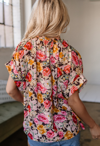 Pink Floral Print Crew Neck Short Sleeve Shift Blouse-Tops-Krush Kandy, Women's Online Fashion Boutique Located in Phoenix, Arizona (Scottsdale Area)