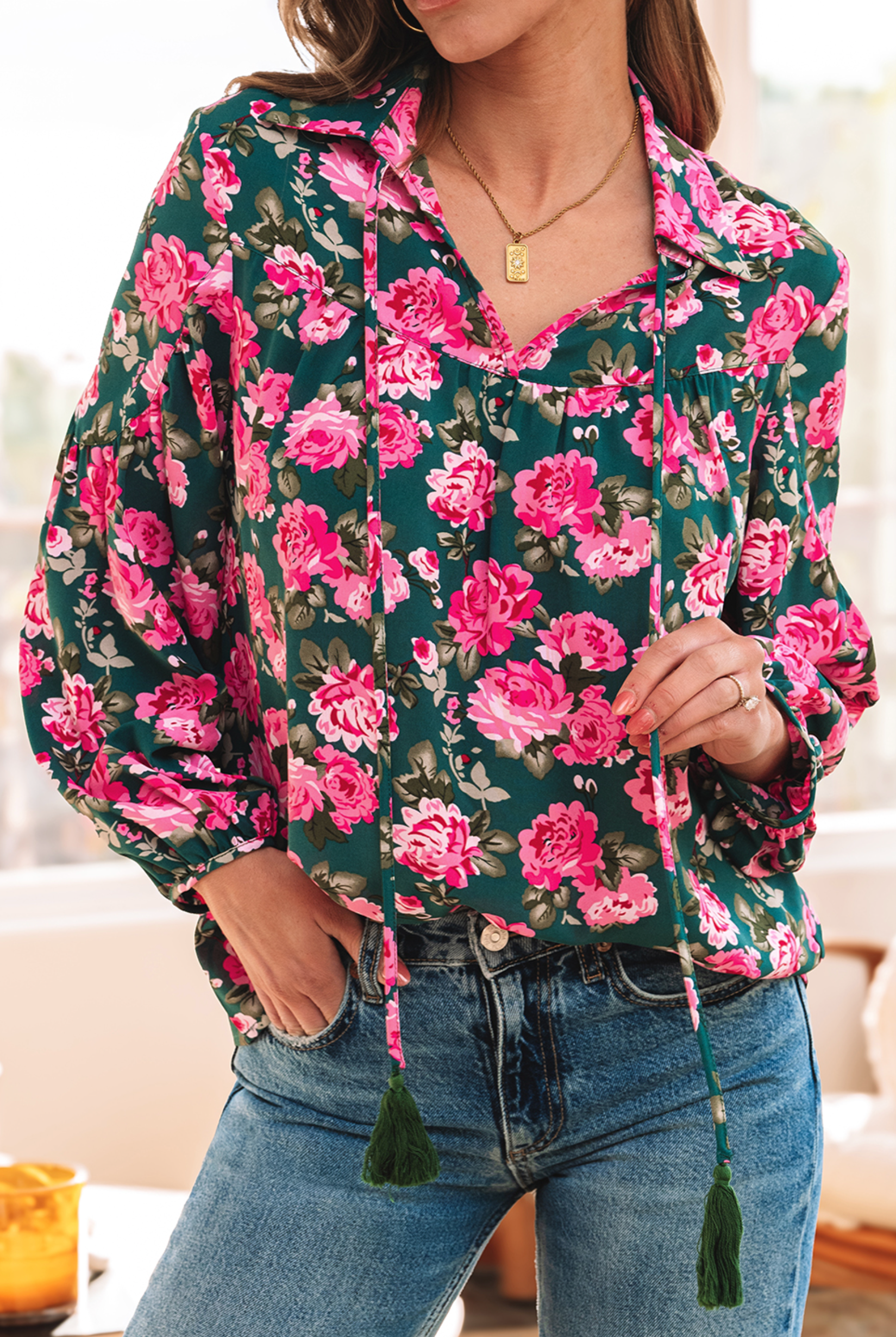 Wildrose Tassel Tie Floral Top-Tops-Krush Kandy, Women's Online Fashion Boutique Located in Phoenix, Arizona (Scottsdale Area)