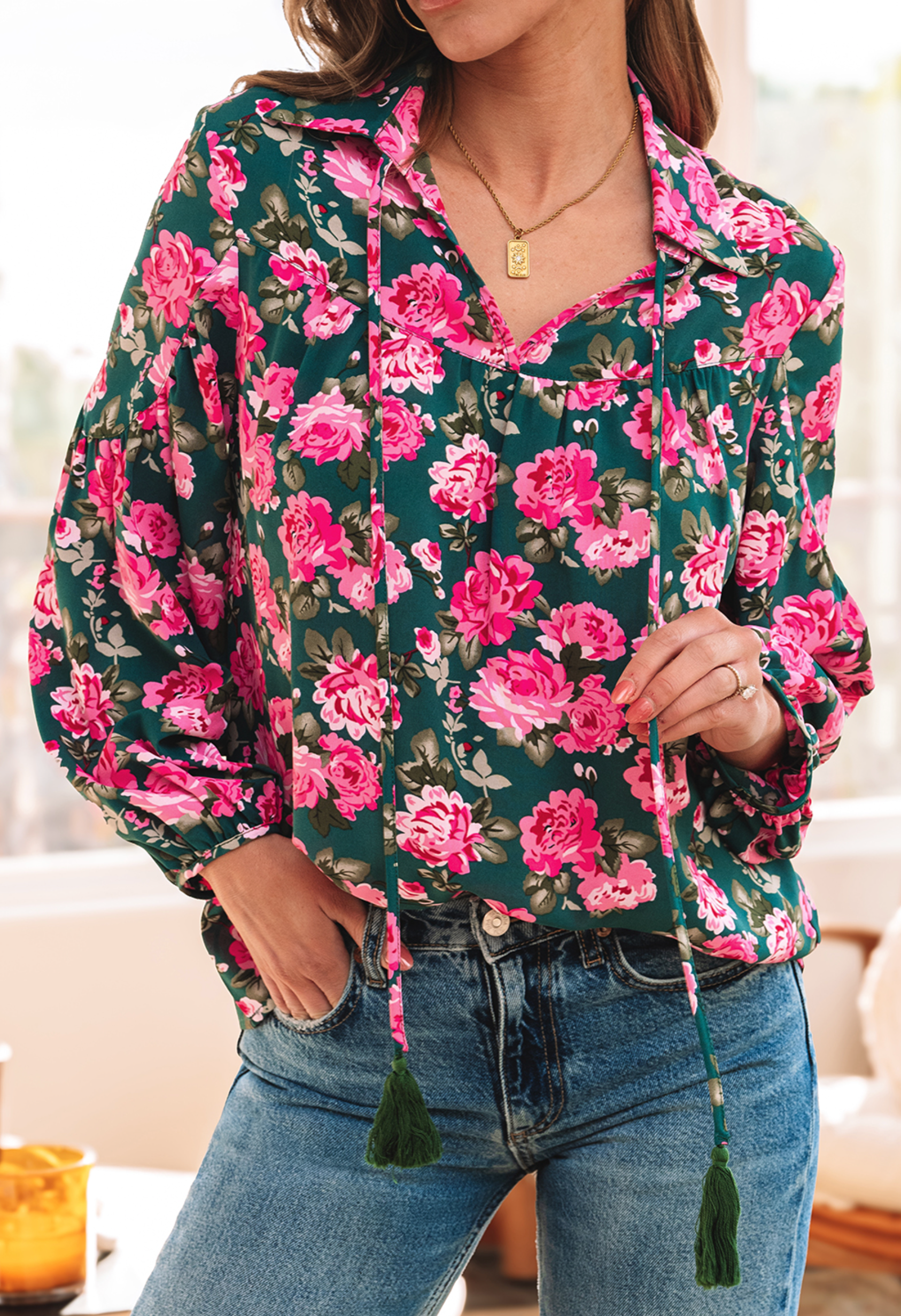 Wildrose Tassel Tie Floral Top-Tops-Krush Kandy, Women's Online Fashion Boutique Located in Phoenix, Arizona (Scottsdale Area)
