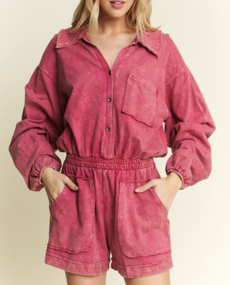 Mineral Washlong sleeve romper-Jumpsuits & Rompers-Krush Kandy, Women's Online Fashion Boutique Located in Phoenix, Arizona (Scottsdale Area)