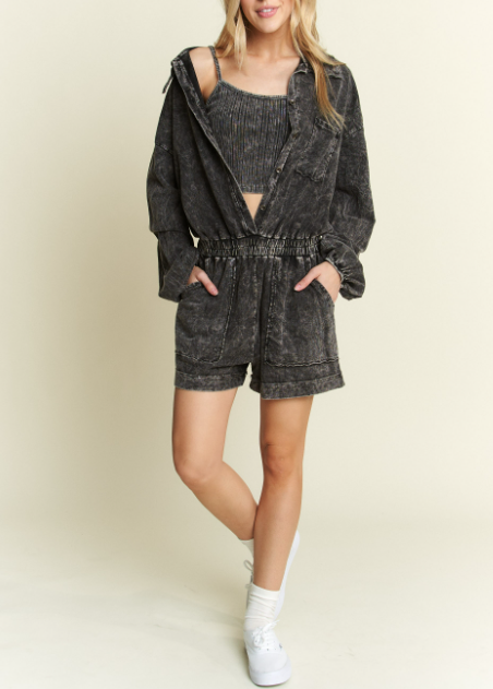 Mineral Washlong sleeve romper-Jumpsuits & Rompers-Krush Kandy, Women's Online Fashion Boutique Located in Phoenix, Arizona (Scottsdale Area)