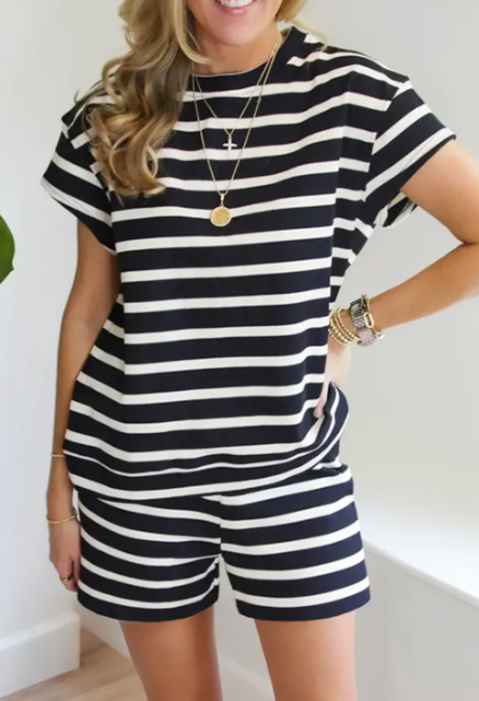 Black White Striped Short Sleeve Top and Shorts Set-2 Piece Outfit Sets-Krush Kandy, Women's Online Fashion Boutique Located in Phoenix, Arizona (Scottsdale Area)
