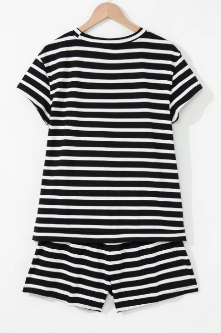 Black White Striped Short Sleeve Top and Shorts Set-2 Piece Outfit Sets-Krush Kandy, Women's Online Fashion Boutique Located in Phoenix, Arizona (Scottsdale Area)