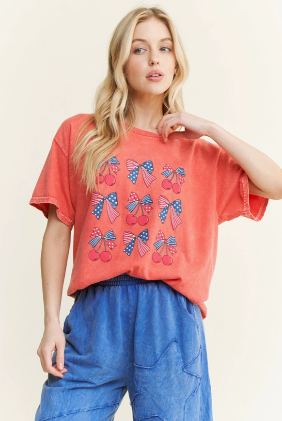 Mineral Washed USA BOW CHERRY Graphic T-shirt-Tops-Krush Kandy, Women's Online Fashion Boutique Located in Phoenix, Arizona (Scottsdale Area)