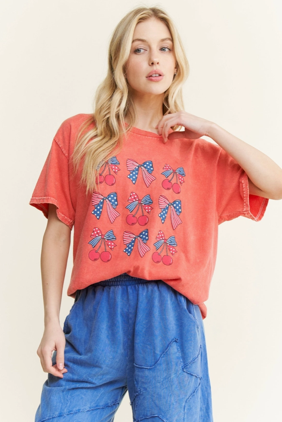 Mineral Washed USA BOW CHERRY Graphic T-shirt-Tops-Krush Kandy, Women's Online Fashion Boutique Located in Phoenix, Arizona (Scottsdale Area)
