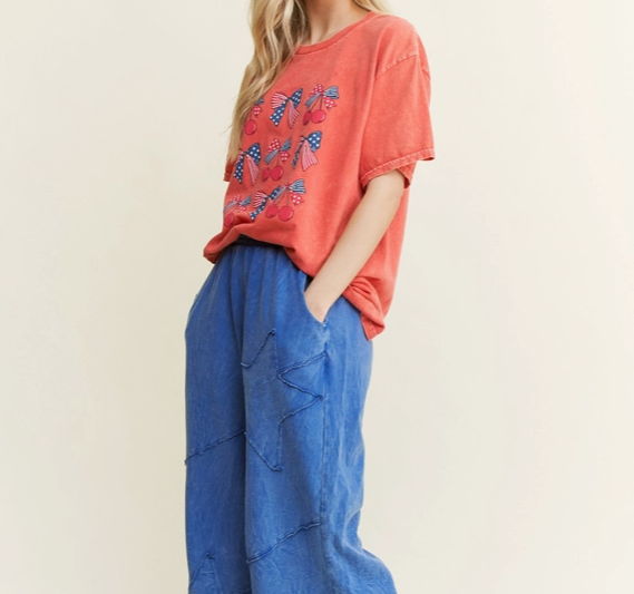 Mineral Washed USA BOW CHERRY Graphic T-shirt-Tops-Krush Kandy, Women's Online Fashion Boutique Located in Phoenix, Arizona (Scottsdale Area)