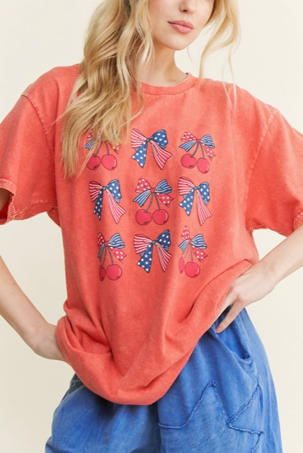 Mineral Washed USA BOW CHERRY Graphic T-shirt-Tops-Krush Kandy, Women's Online Fashion Boutique Located in Phoenix, Arizona (Scottsdale Area)