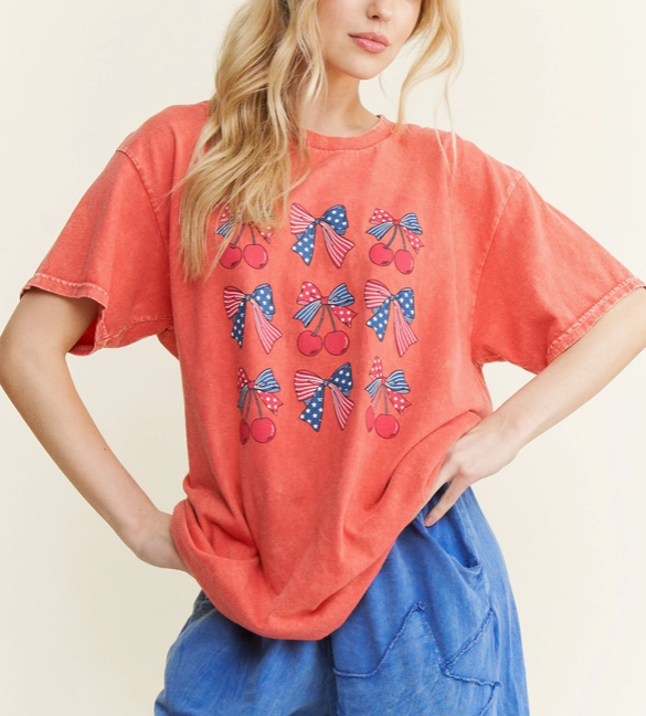 Mineral Washed USA BOW CHERRY Graphic T-shirt-Tops-Krush Kandy, Women's Online Fashion Boutique Located in Phoenix, Arizona (Scottsdale Area)