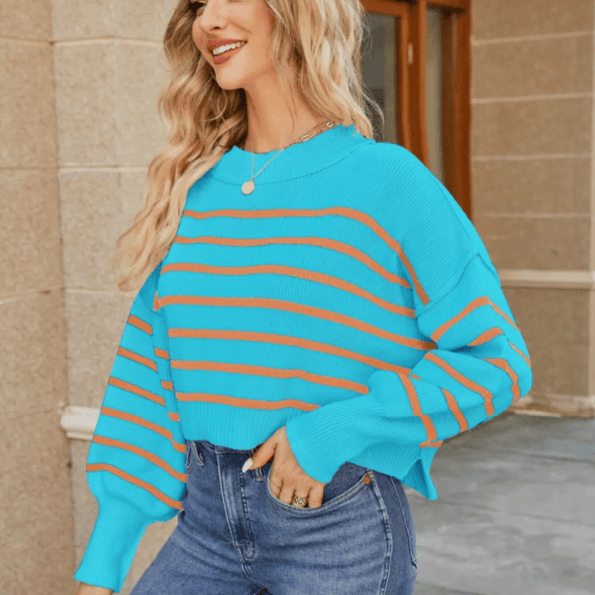 Round Neck Striped Side Slit Lantern Sleeve Sweater-Sweater-Krush Kandy, Women's Online Fashion Boutique Located in Phoenix, Arizona (Scottsdale Area)