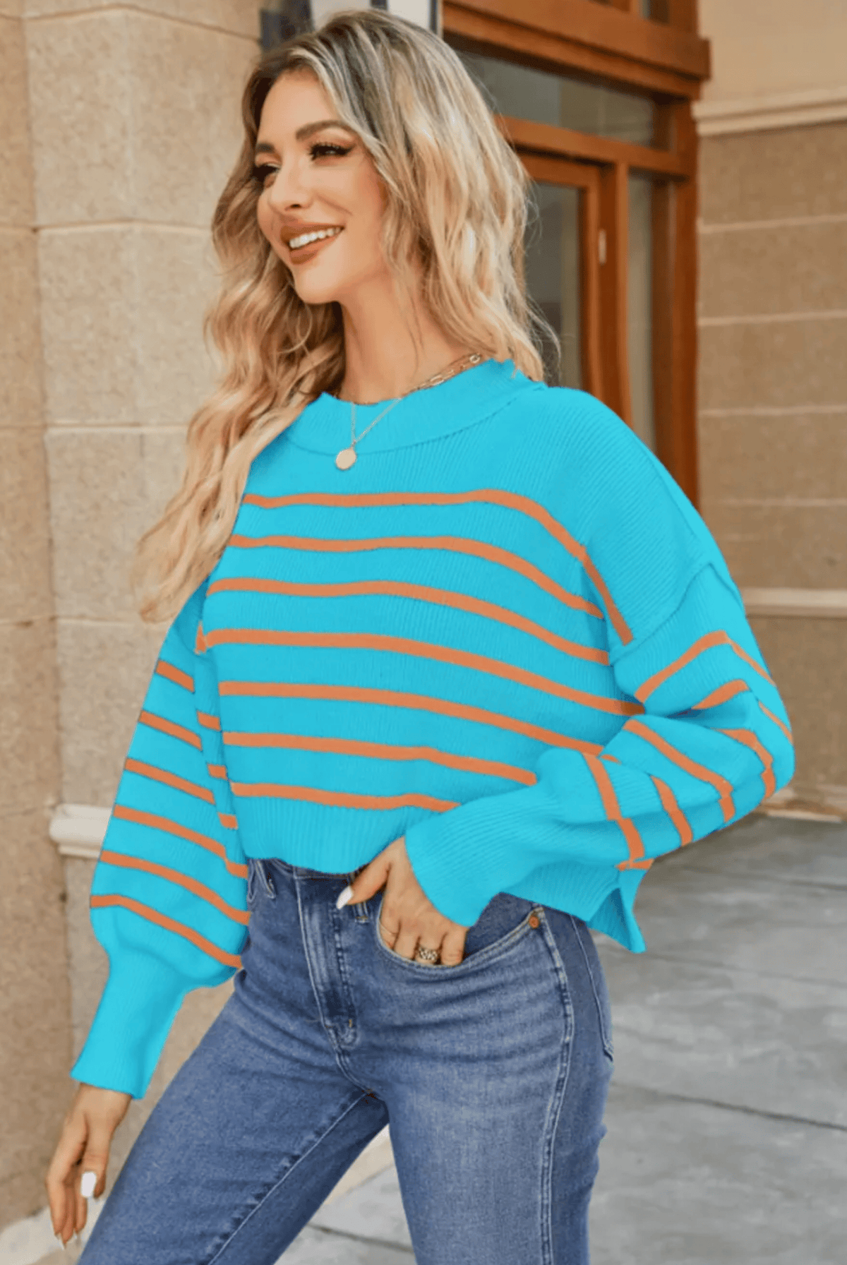 Round Neck Striped Side Slit Lantern Sleeve Sweater-Sweater-Krush Kandy, Women's Online Fashion Boutique Located in Phoenix, Arizona (Scottsdale Area)