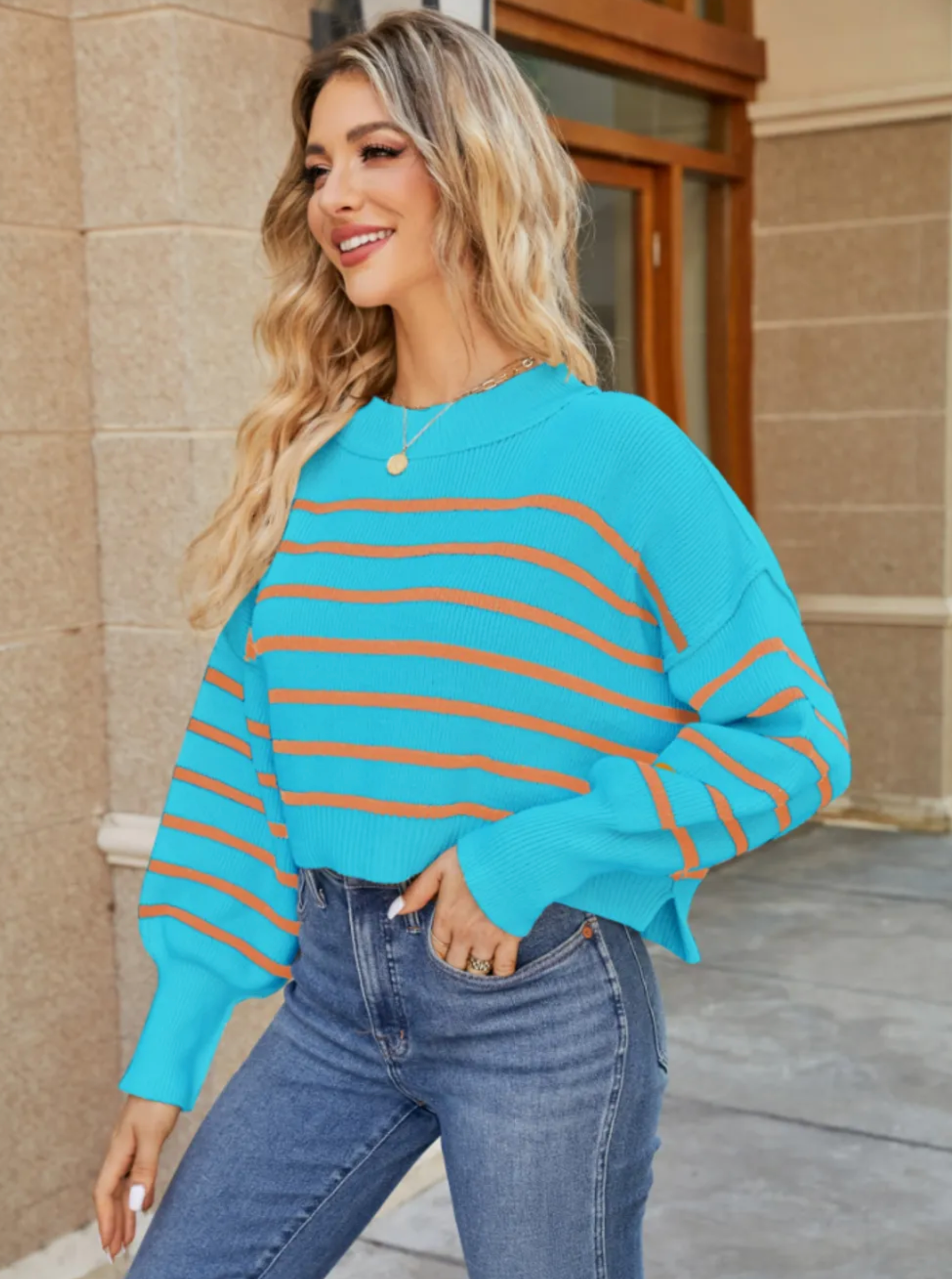 Round Neck Striped Side Slit Lantern Sleeve Sweater-Sweater-Krush Kandy, Women's Online Fashion Boutique Located in Phoenix, Arizona (Scottsdale Area)