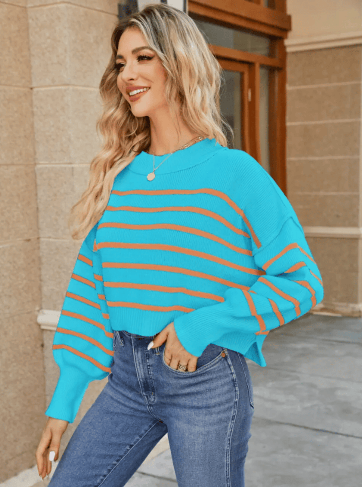 Round Neck Striped Side Slit Lantern Sleeve Sweater-Sweater-Krush Kandy, Women's Online Fashion Boutique Located in Phoenix, Arizona (Scottsdale Area)