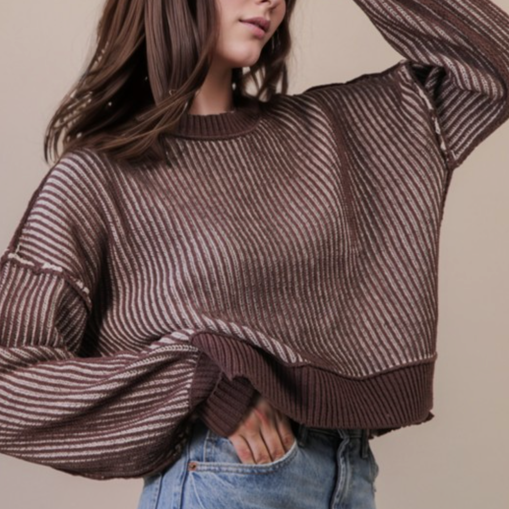 Two-Toned Striped Casual Sweater Top-Long Sleeve Tops-Krush Kandy, Women's Online Fashion Boutique Located in Phoenix, Arizona (Scottsdale Area)