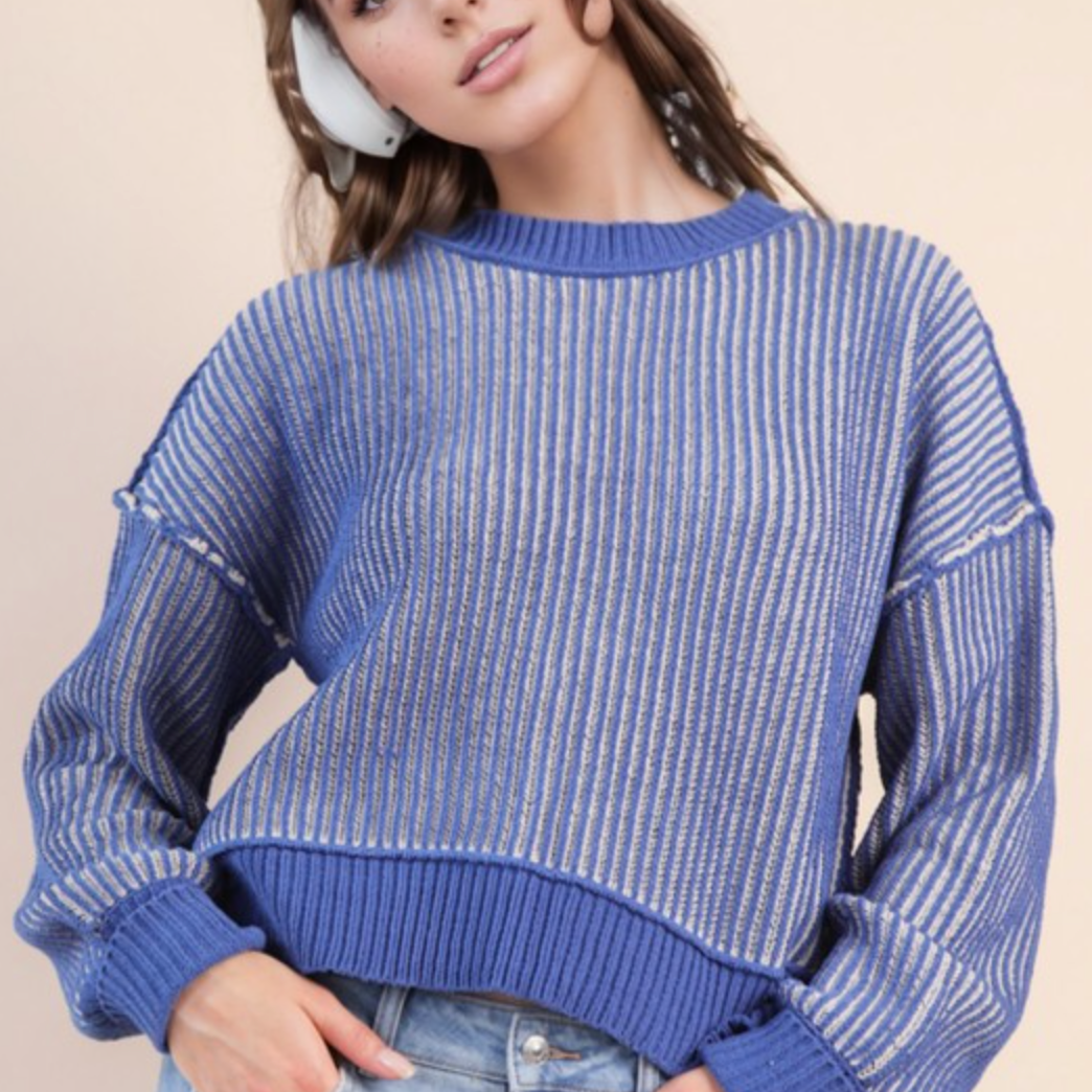 Two-Toned Striped Casual Sweater Top-Long Sleeve Tops-Krush Kandy, Women's Online Fashion Boutique Located in Phoenix, Arizona (Scottsdale Area)