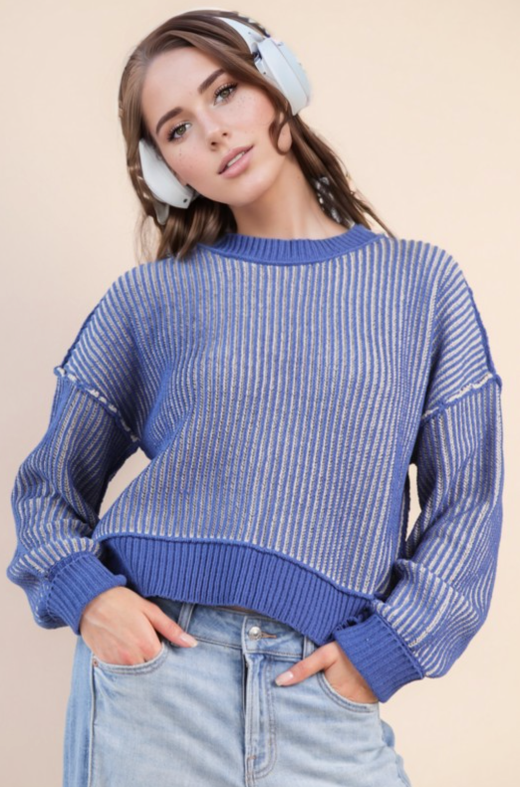 Two-Toned Striped Casual Sweater Top-Long Sleeve Tops-Krush Kandy, Women's Online Fashion Boutique Located in Phoenix, Arizona (Scottsdale Area)