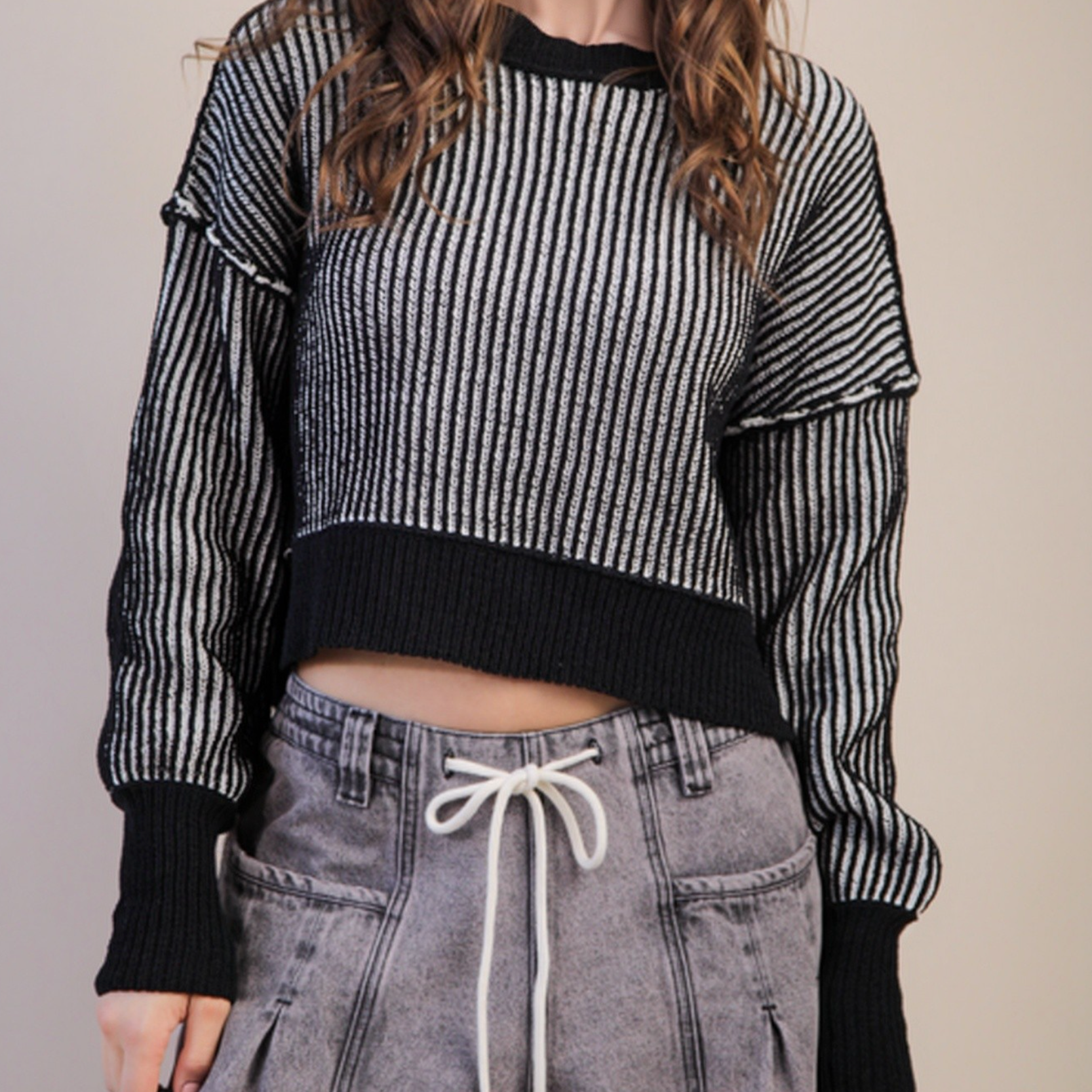 Two-Toned Striped Casual Sweater Top-Long Sleeve Tops-Krush Kandy, Women's Online Fashion Boutique Located in Phoenix, Arizona (Scottsdale Area)