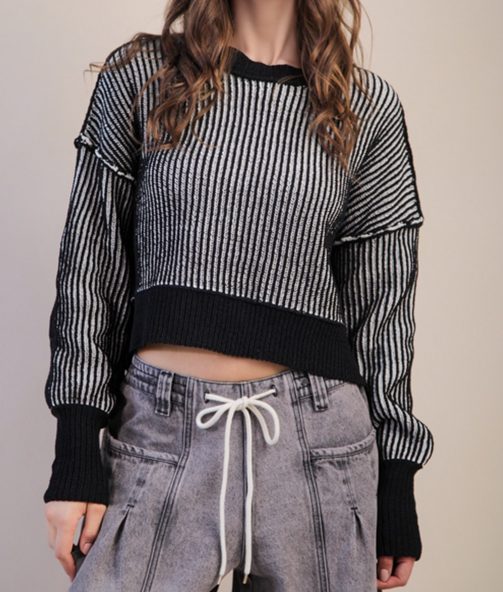 Two-Toned Striped Casual Sweater Top-Long Sleeve Tops-Krush Kandy, Women's Online Fashion Boutique Located in Phoenix, Arizona (Scottsdale Area)