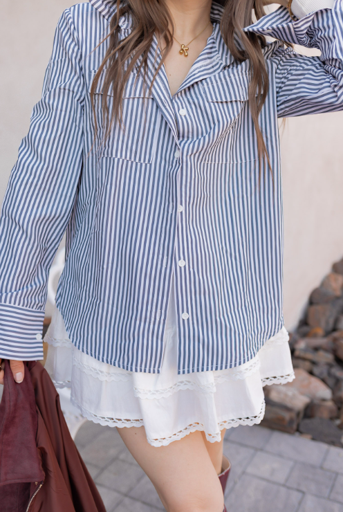 Devine Striped Collared Neck Long Sleeve Shirt-Tops-Krush Kandy, Women's Online Fashion Boutique Located in Phoenix, Arizona (Scottsdale Area)