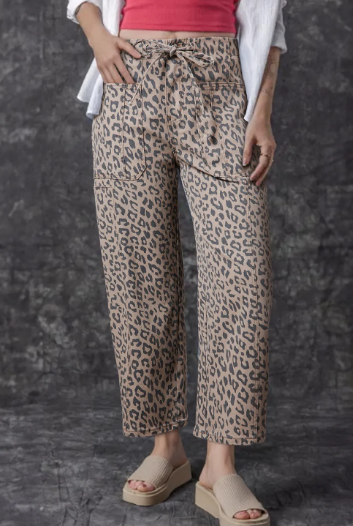 Leopard Printed Drawstring Elastic Waistband Pocketed Wide Leg Jeans-Jeans-Krush Kandy, Women's Online Fashion Boutique Located in Phoenix, Arizona (Scottsdale Area)