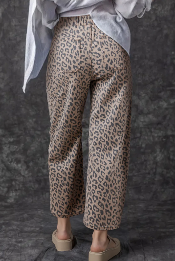 Leopard Printed Drawstring Elastic Waistband Pocketed Wide Leg Jeans-Jeans-Krush Kandy, Women's Online Fashion Boutique Located in Phoenix, Arizona (Scottsdale Area)